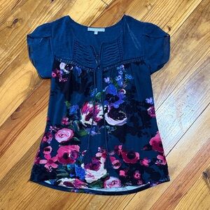 Daniel Rainn floral peasant blouse in teal with pink blooms